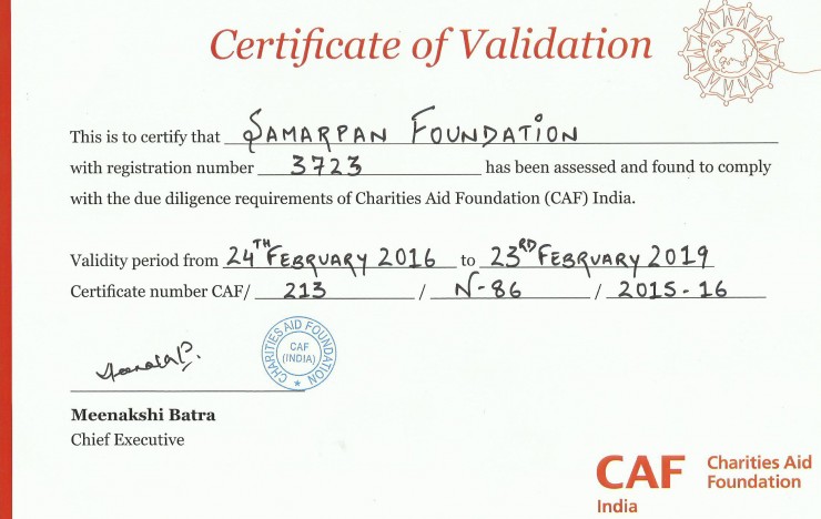 Samarpan Foundation validated by Charities Aid Foundation (CAF) India
